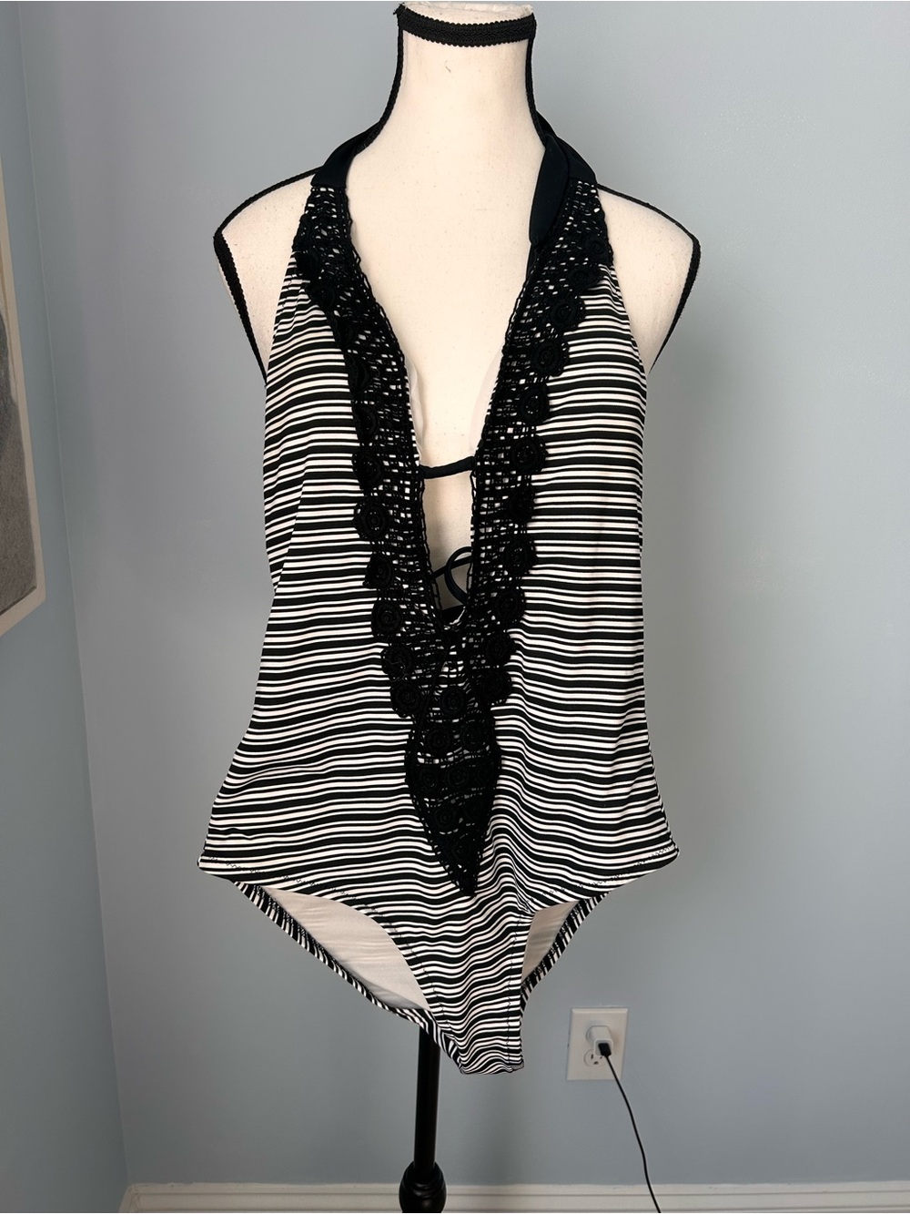 Mossimo Black and White Striped Halter One-Piece Swimsuit with Crochet Plunge